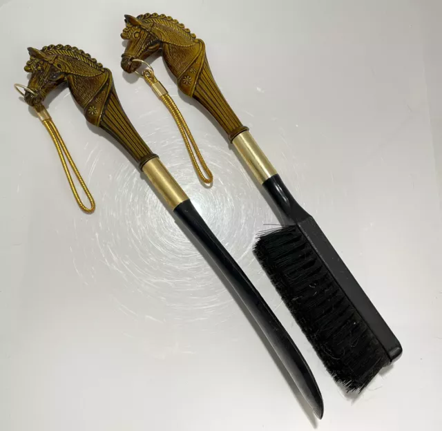 Vintage Horse Head Gold Shoe Horn Clothes Brush Plastic Equestrians w/ Tassels