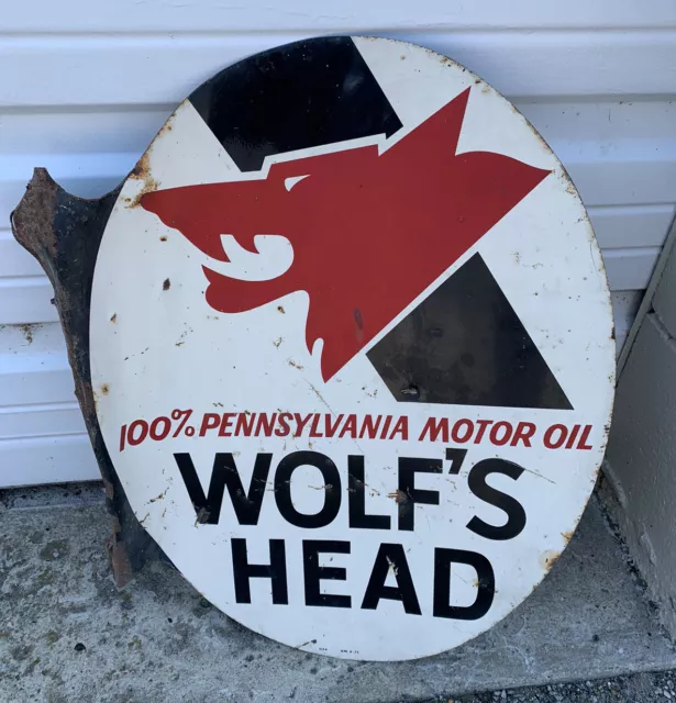 1971 Flanged Original & Authentic Wolf's Head Oil Metal Sign 17X22 Inch Rare