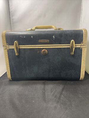 Vintage 1950s Samsonite Schwayder TRAIN CASE Luggage Travel Navy Blue Ivory Trim