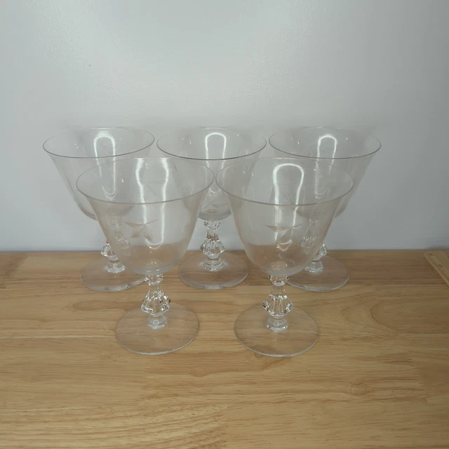 Bryce Autumn Set of 5 Water Goblet Glasses 5 7/8 Hand Blown Clear Etched MCM VTG