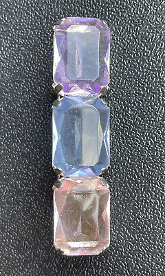 Beautiful Vintage Blue Pink & Purple Glass Crystal Silver Tone Brooch Pin.     D