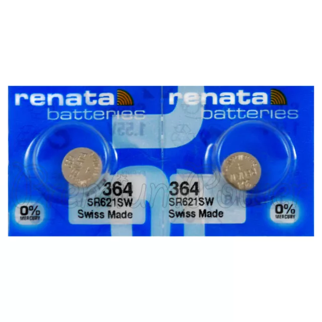 2 X Renata 364 Argent Oxyde Piles 1.55V SR621W SR60 Montre SR65 0% Mercure