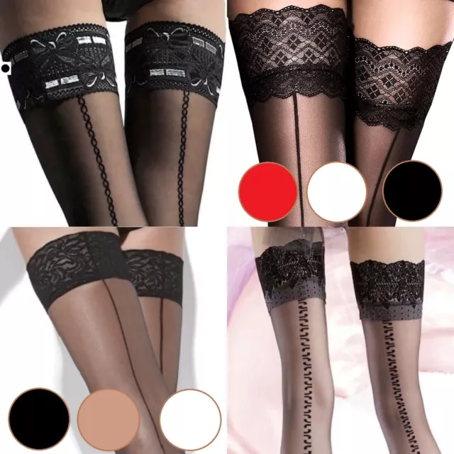 High Quality Hold Up Stockings Slimming Back Seam Deep Lace Top Sexy Stay Ups