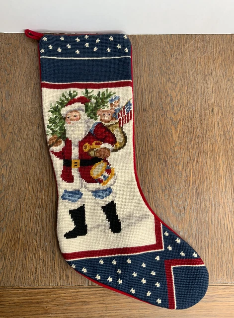 Vintage Needlepoint Christmas Stocking Victorian Santa Claus Red Velvet Backing