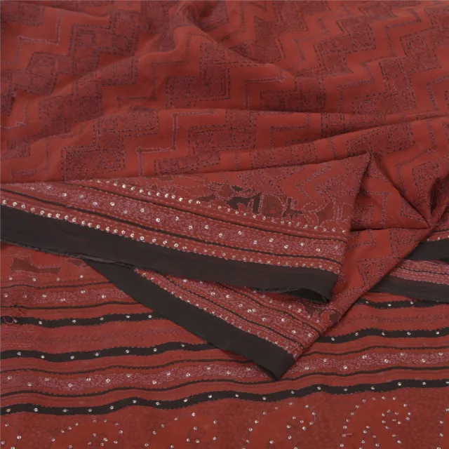 Sanskriti Vintage Dark Red Sarees Pure Crepe Silk Hand Beaded Kantha Sari Fabric