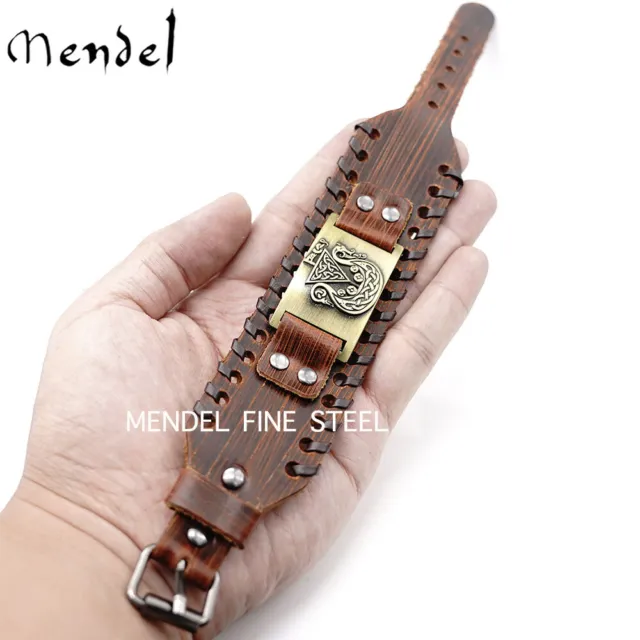 MENDEL Mens Norse Viking Valknut Pirate Ship Leather Cuff Bracelet Wristband Men