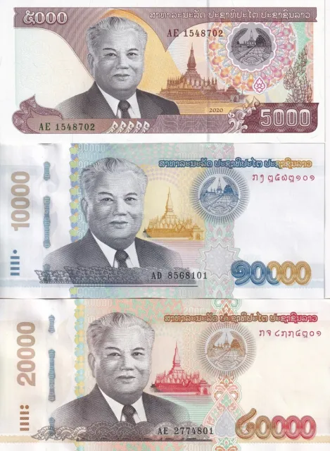 Laos Set 3 Pcs 5000 10000 20000 Kip 2020 / 2022 P 41Aa 41b 41C UNC