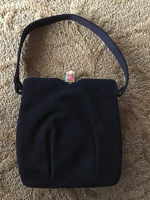 Rosenfeld Vintage Black Suede Evening Bag With Jeweled Clasp Rosenfeld Vintage Black Suede Evening Bag With Jeweled Clasp
