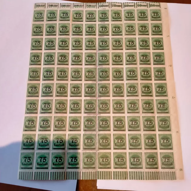 GERMANY  Deutsches Reich 75 TAUSEND OVERPRINT 1000 mark full sheet 100 STAMPS  