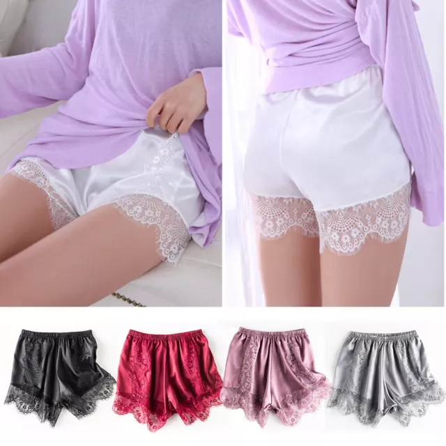 Ladies Faux Silk Knickers Lace Satin Boxers Safety Shorts Solid