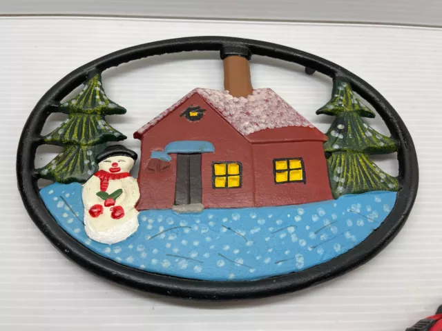 Vintage Cast Iron Painted Christmas Snowman ⛄️Kitchen Hot Plate / Trivet