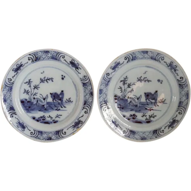 Antique Pair of Dutch Delft Pottery Blue and White Deer Plates 18th century