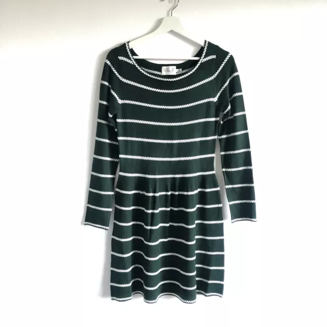 Eliza J Dark Green White Stripe Fit & Flare Sweater Knit Dress Size Small