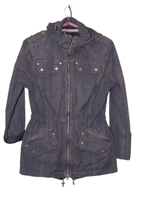 Barbour International Jacket Womans Size 12 Blue Vintage Hooded Outdoor ridding