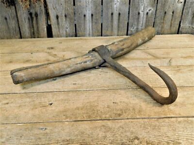 Antique Primitive Unique Early Forged Barn Hook with Log AAFA