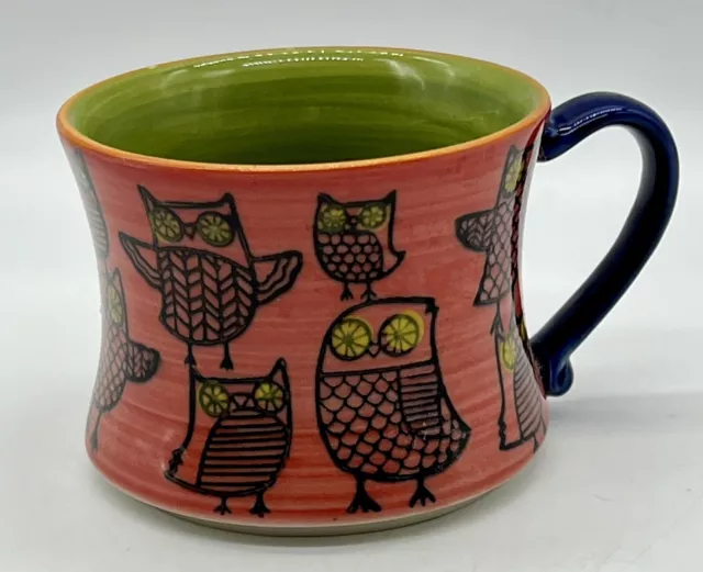 Pier One 1 Imports Owl Mug Salmon Coffee Mug Tea Cups Stackable Green 8 oz 3"