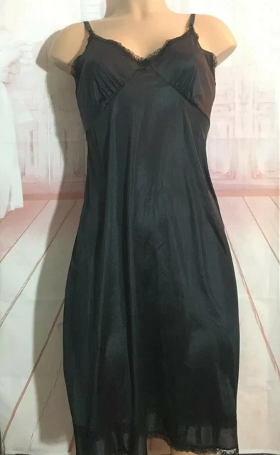 Vintage Sears Black Antron Nylon III No Cling Full Slip Gown Lingerie Lace 34