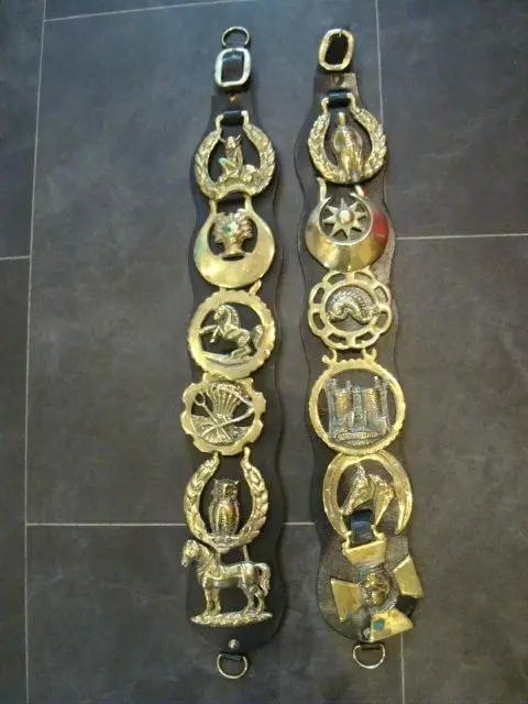 12x Horse Brasses on 2x Leather Straps