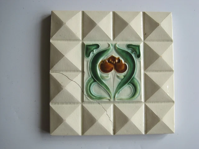 Antique 6" Sq. Relief Moulded German Art Nouveau Tile - S M - Damaged & Repaired