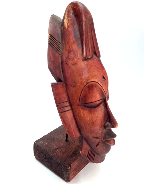 Vintage Art African Tribal Face Mask Wood Hand Carved Base Mid 20th Century Nice 2