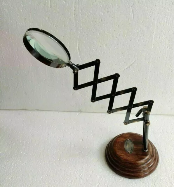 Vintage Magnifier Brass Magnifying Glass on Wooden Style Desktop Tabletop Stand