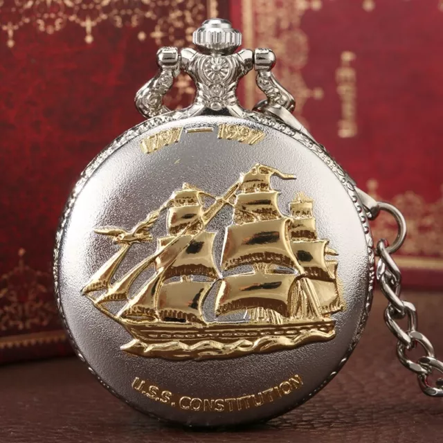 Classic Military U.S Navy USS Constitution Sail Frigate Pocket Watch Womens Mens