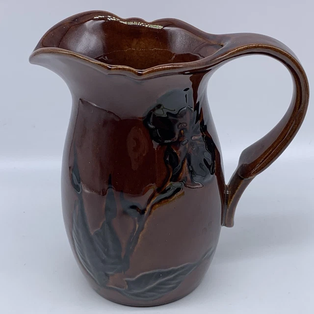 Vintage Royal Haeger Pottery Brown Pitcher Creamer Black Flowers Glazed 6”T 6”W