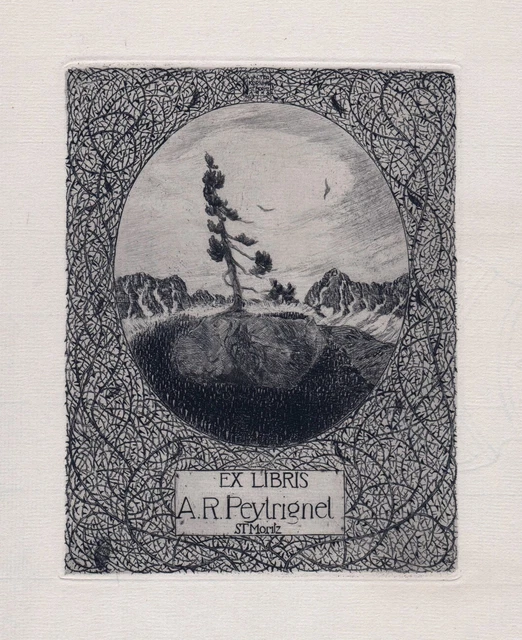 Exlibris Walter Kornhas Peytrignet Radierung etching bookplate Baum tree