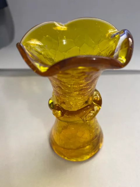 Crackle Glass Vintage Miniature Yellow Amber Gold Vase With Applied Ribbon