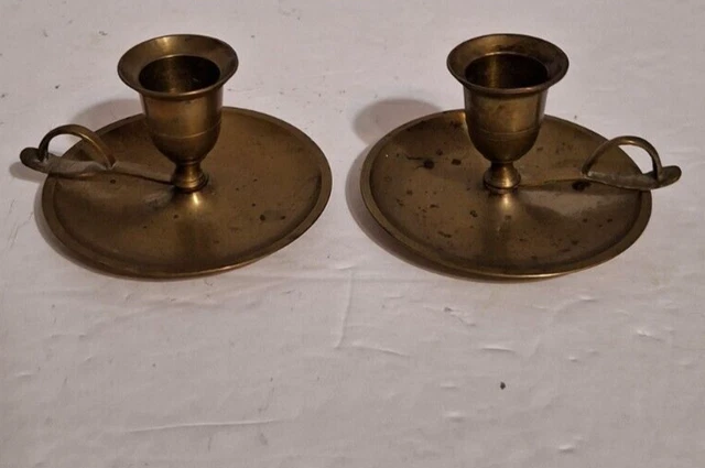 Pair of Vtg Brass Chamberstick Candle Holders w/ Finger Ring Loop Drip Tray