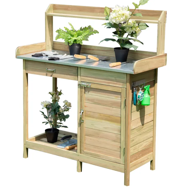 Garden Patio Potting Table Wooden Planting Bench Workstation W/ Cabinet Drawer