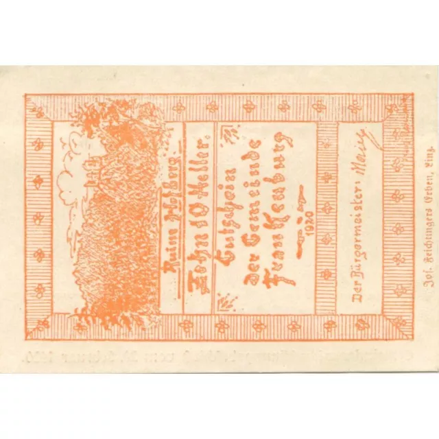 [#283808] Banknote, Austria, Frankenburg, 10 Heller, ruine, 1920, UNC Mehl:FS