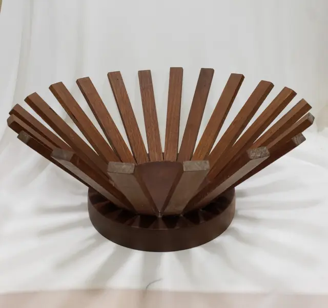 Wood Slat Fruit Bowl Footed Basket Decorative Centerpiece 15” Handmade MCM