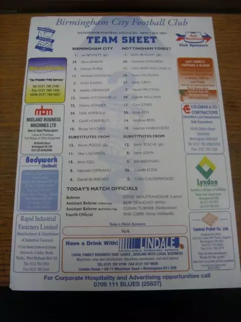 01/01/2001 Colour Teamsheet: Birmingham City v Nottingham Forest