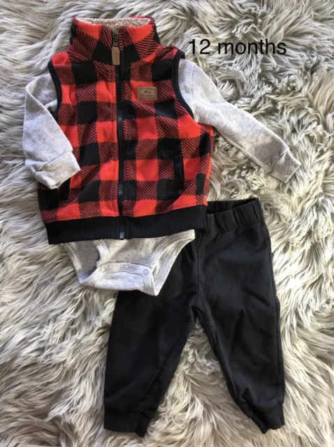 Carter's Baby Boy 3 piece Buffalo Check Plaid Vest Bodysuit and Pants Outfit 12M