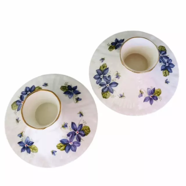 2 Vintage Royal Grafton England Violets Jacobean Candle Holder White Blue Purple