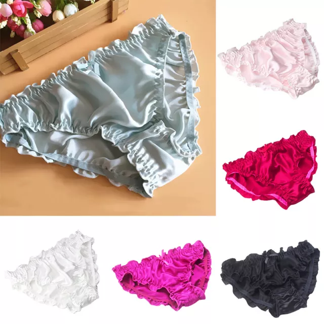 Women Sexy Mulberry Silk Panties Bow Ruffle Underwear Mid-waist Briefs Knickers 3