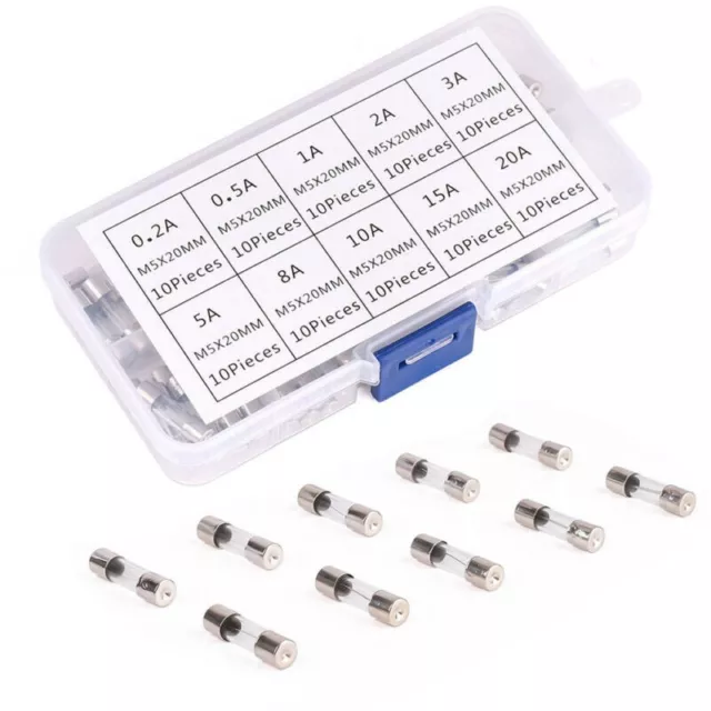 100pc/250V Mixte Verre Fusibles Tube Fusion Rapide Fusible 0.2A À 20A Kit 5x20mm
