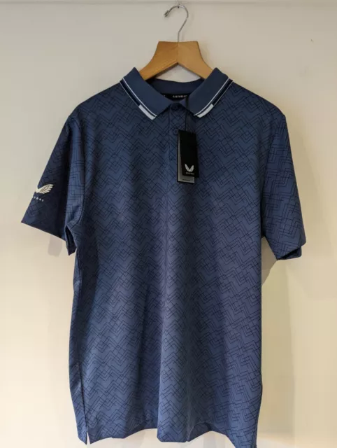 New Mens Castore Golf Technical Performance Geo Navy Polo Tshirt Size Medium