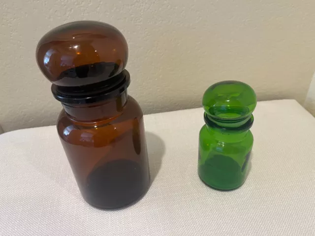 2 Vintage Green/Brown Glass Bubble Top Apothecary Jars Belgium MCM 9" & 5.5"