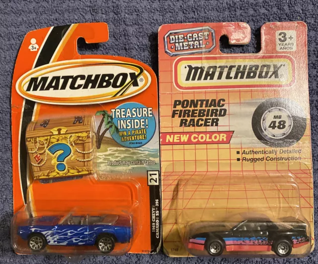 Two Matchbox Die Cast Cars New 1969 Chevy Camaro Ss Pontiac Firebird Racer