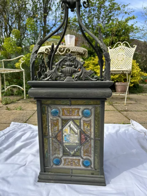 Victorian British  Leaded & Stained Glass Brass Ceiling Lantern