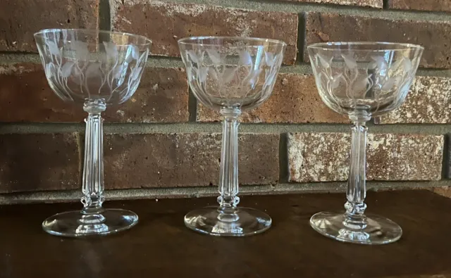 Libbey Crystal Etched Leaf Champagne/Tall Sherbet Glasses-Set of 3