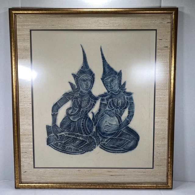 Mid Century Blue Thai Temple Rubbing Rice Paper Art Buddha 22x25 MCM NICE FRAME