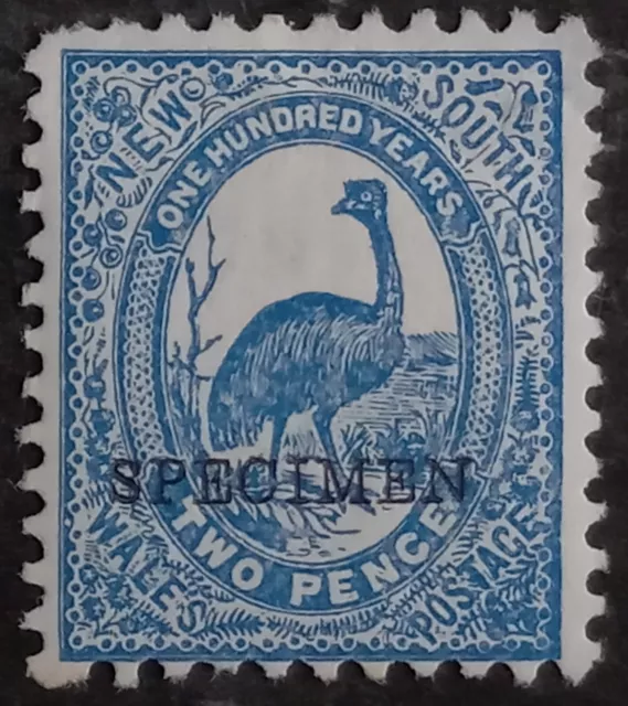 1888- NSW Australia 2d Prussian Blue Emu Stamp P11x12 Specimen 1888- NSW Australia 2d Prussian Blue Emu Stamp P11x12 Specimen