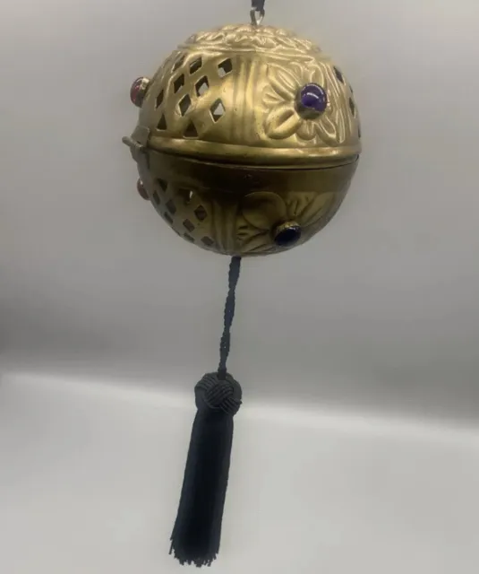 Vtg Brass Moroccan Lamp Pierced Jeweled Hanging Lantern Light Glass Stones