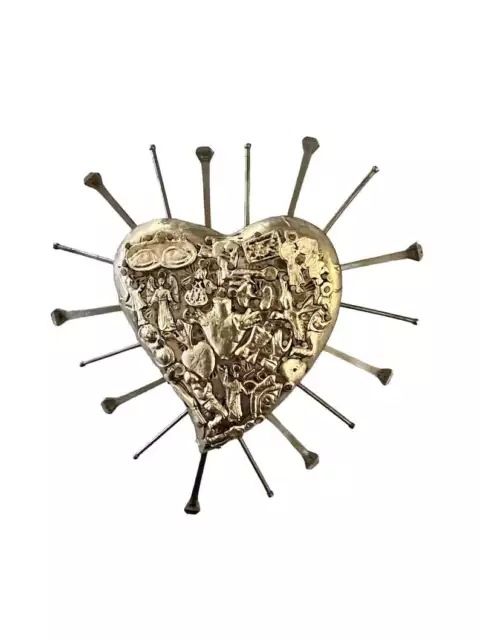 MILAGROS HEART w Nails, Sacred Heart w Charms, Mexican Corazón, Embossed Tin