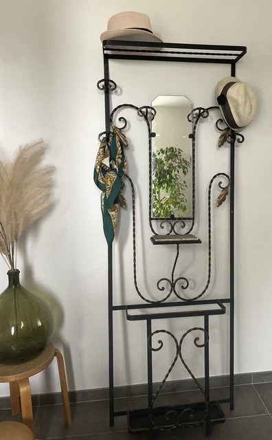 Porte-manteau Mural Vintage Français - Fer Forgé - 4 Crochets Avec étagère - Occasion