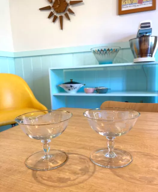 Vintage Crystal Dessert Compote Bowls Dishes x2 Grape Leaf Design. 24kt Gold Rim