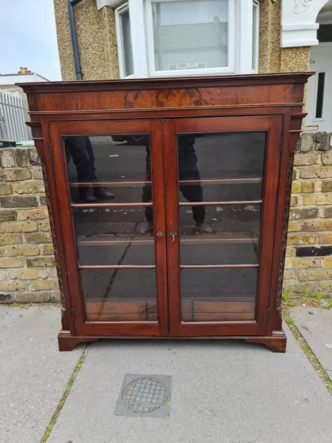 Antique Rosewood  Glazed Bookcase  Cabinet With Key And 9 Small Drawers